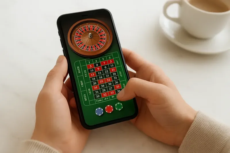 Close-up of hands holding smartphone with casino app on marble surface