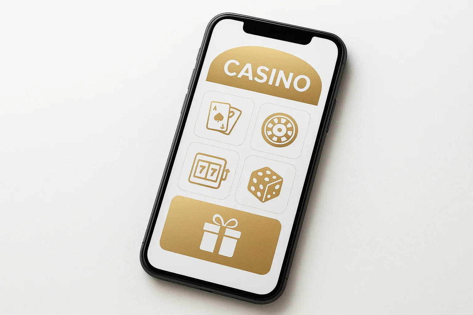 Modern smartphone displaying sleek casino app games and bonuses on white background