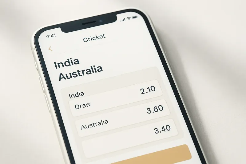 Modern phone mockup showing cricket match betting odds in white and gold