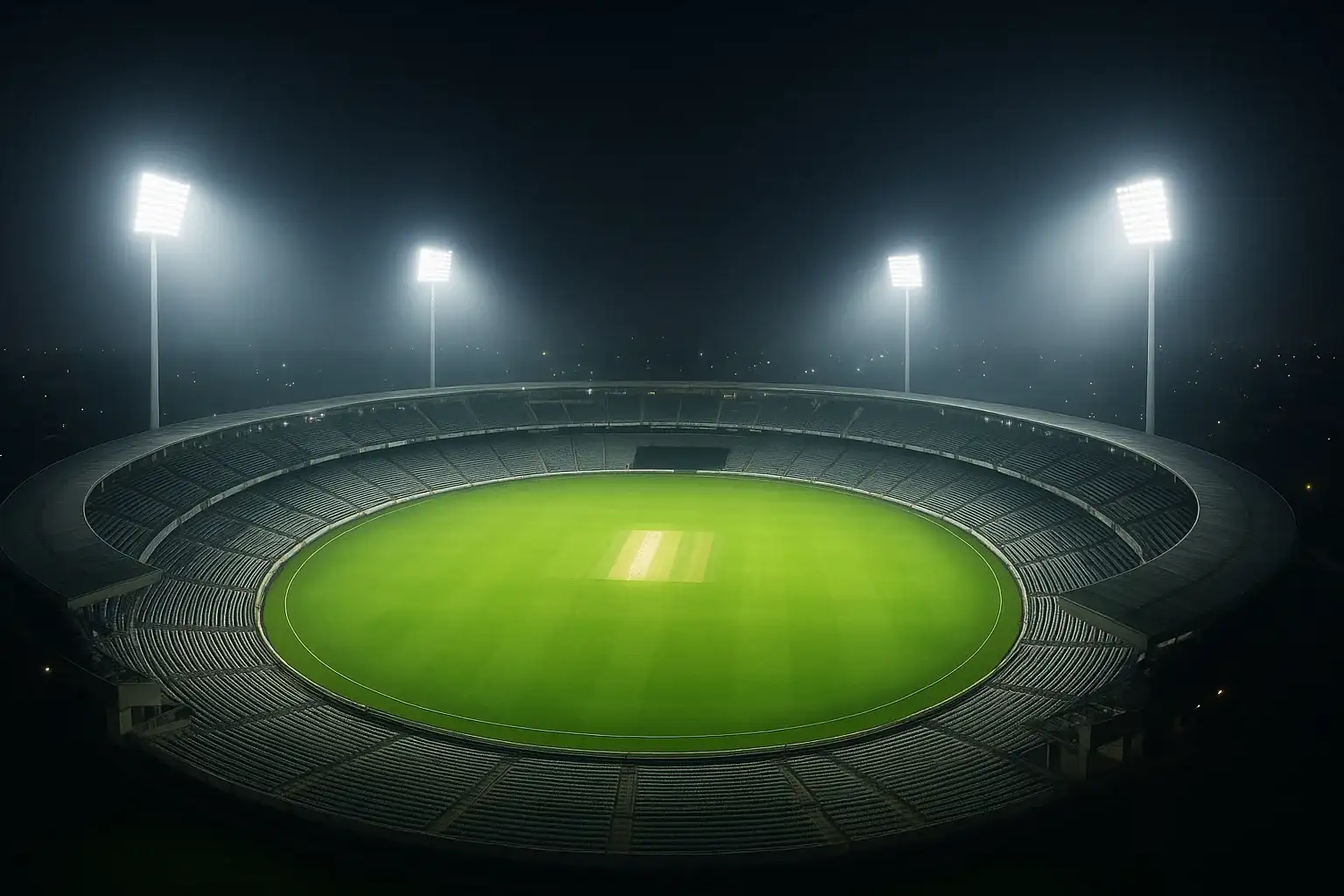 Aerial night view of cricket stadium with floodlights and vibrant green pitch