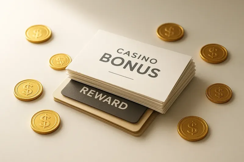 Stack of casino bonus vouchers and reward cards with scattered gold coins