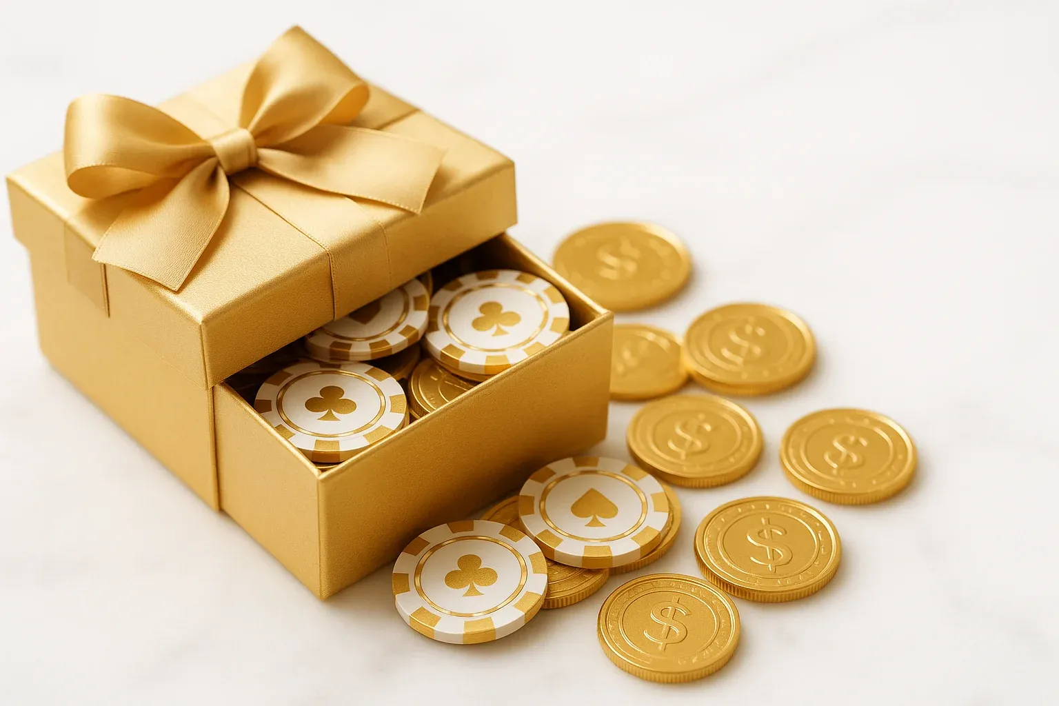 Golden gift box overflowing with poker chips and gold coins