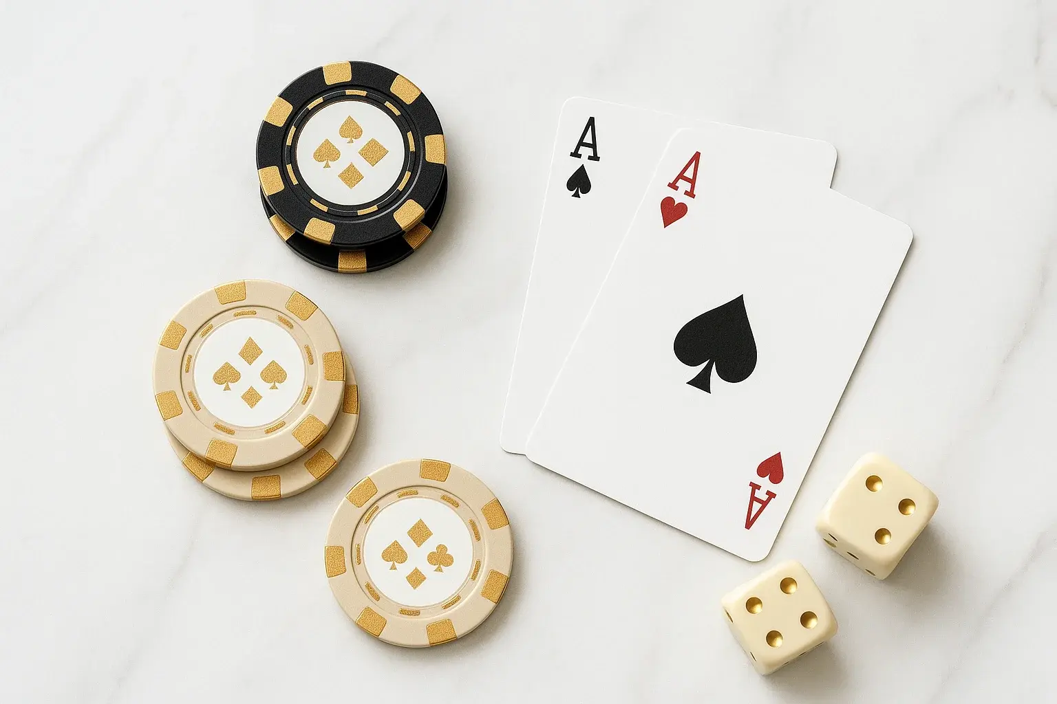 Elegant casino chips, cards, and dice on white marble with gold accents