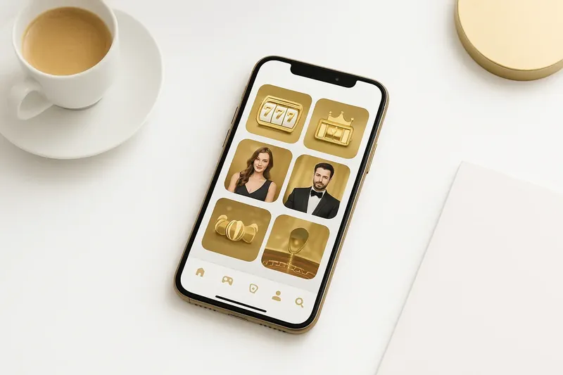 Mobile phone displaying casino app with slots and live games