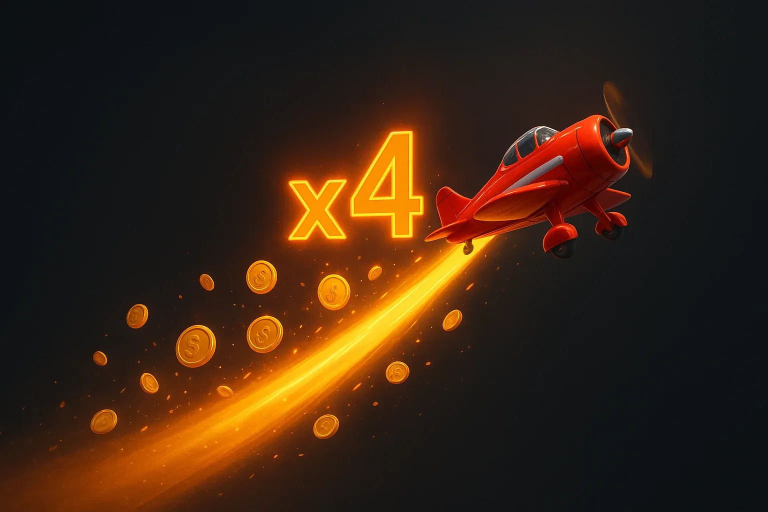 Red airplane climbing with glowing multiplier trail, coins, sparks, neon accents
