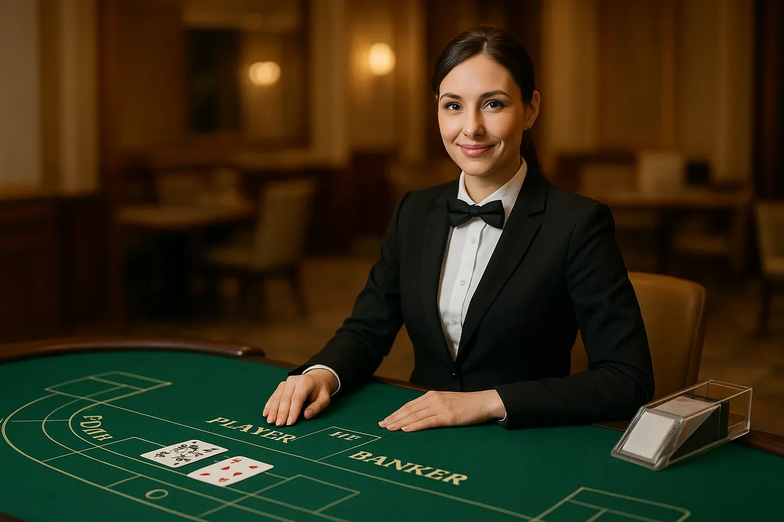 Professional female dealer at elegant live baccarat table with green felt