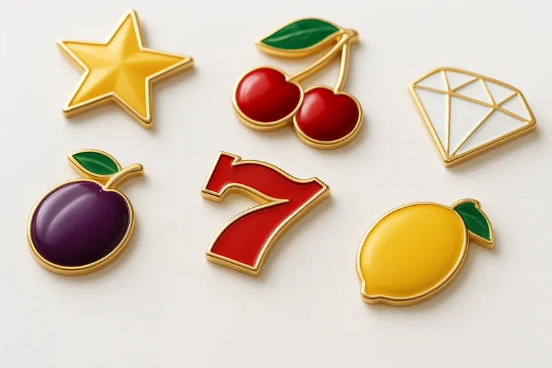 Assorted slot game icons with fruit, diamonds, lucky sevens, stars