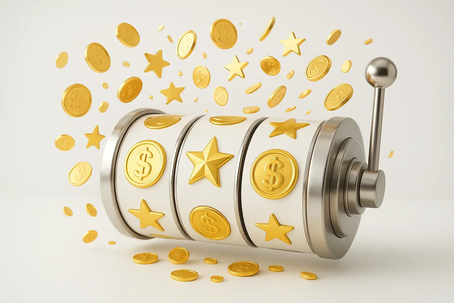 Colorful casino slot reels with gold symbols, coins, and stars bursting outward